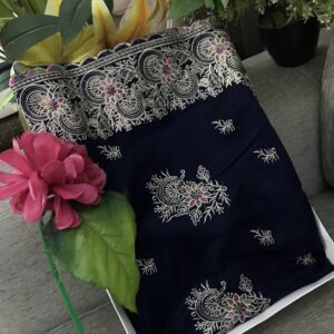 Elegant Navy Blue Embroidered Saree With Patikut