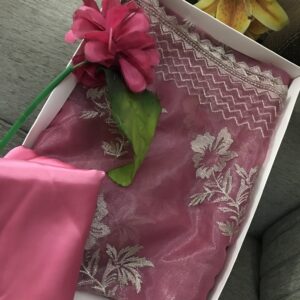 Elegant Mauve Organza Saree with Patikut Embroidery-Pakistani