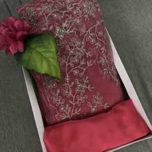 Elegant Rose-Pink Embroidered Saree With Patikut -Pakistani